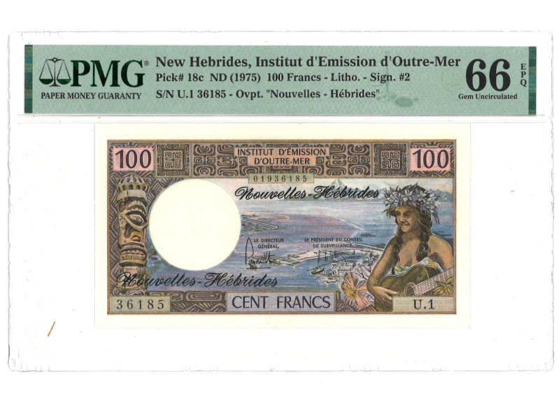 New Hebides. 100 Francs. Banknote. Type 1975. - PMG 66EPQ (AV / Pick / Plomp. Pi...