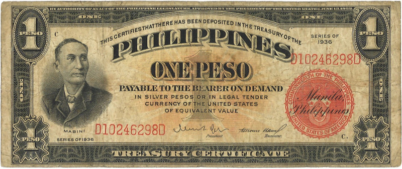 Philipines. 1 Peso. Banknote. Type 1936. - Fine. Fine.