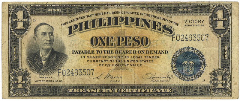 Philipines. 1 Pesos. Banknote. Type 1922. - Very fine - Very fine -
