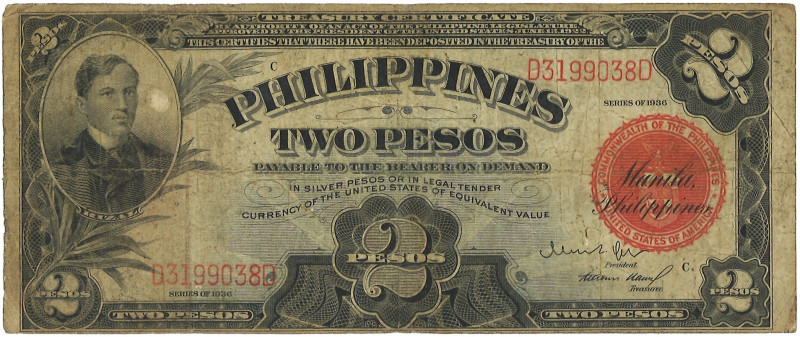 Philipines. 2 Pesos. Banknote. Type 1922. - Fine. Fine.