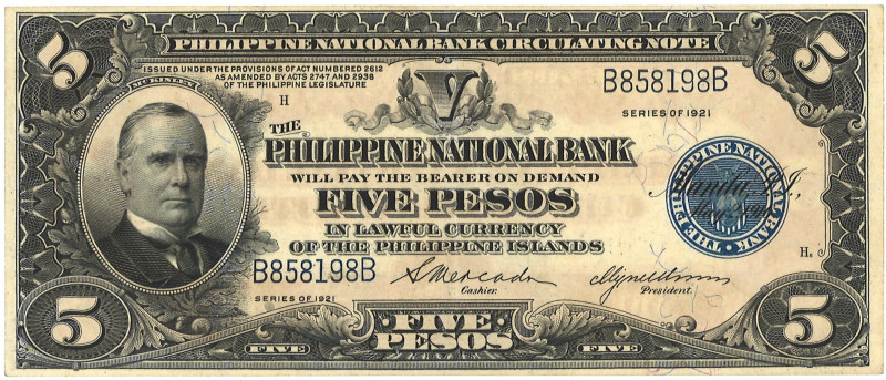 Philipines. 5 Pesos. Banknote. Type 1921. - Very fine +. Very fine +.