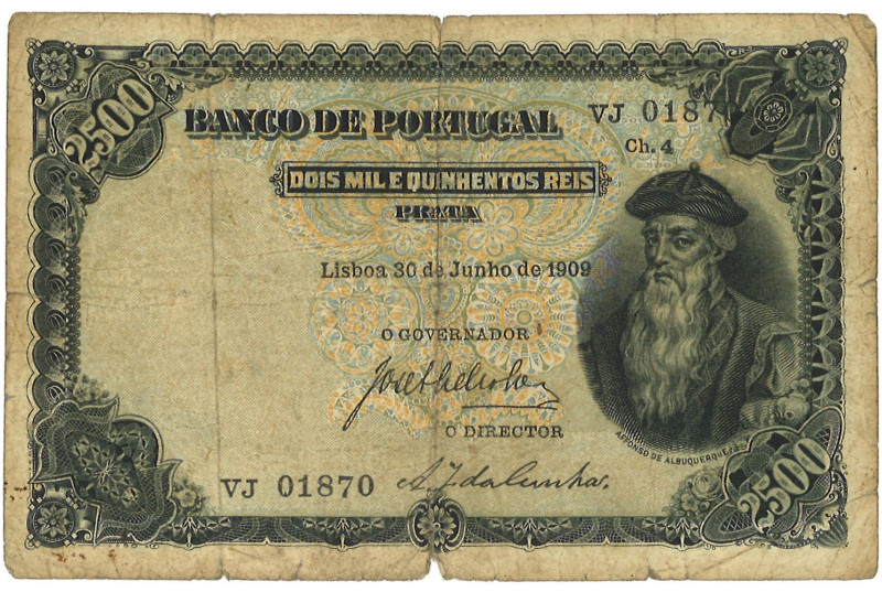 Portugal. 2500 Reis. Banknote. Type 1909. - Very fine. Paper Damage. - Very fine...