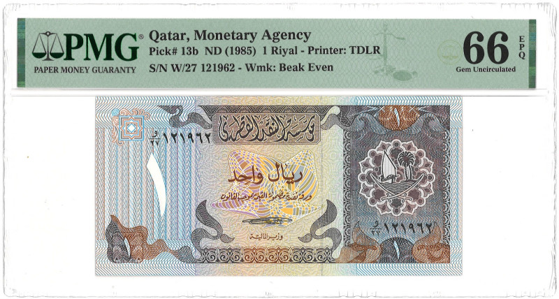 Qatar. 1 Riyal. Banknote. Type ND. - PMG 66EPQ (AV / Pick / Plomp. Pick#13b) - U...