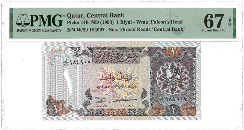 Qatar. 1 Riyal. Banknote. Type ND. - PMG 67EPQ (AV / Pick / Plomp. Pick# 14b) - ...