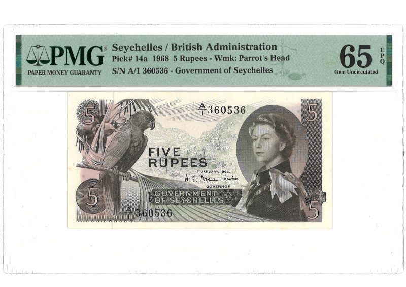 Seychelles. 5 Rupees. Banknote. Type 1968 - PMG 65EPQ (AV / Pick / Plomp. Pick# ...
