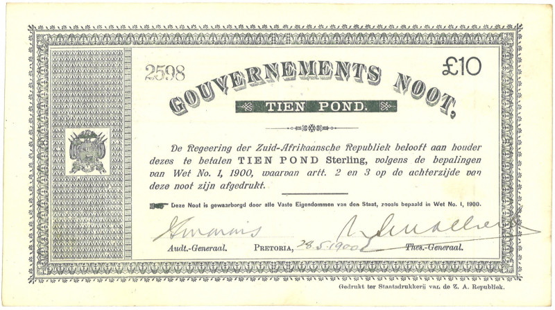 South Africa. 10 Pounds. Banknote. Type 1900. - Very fine. Pinholes. - Very fine...
