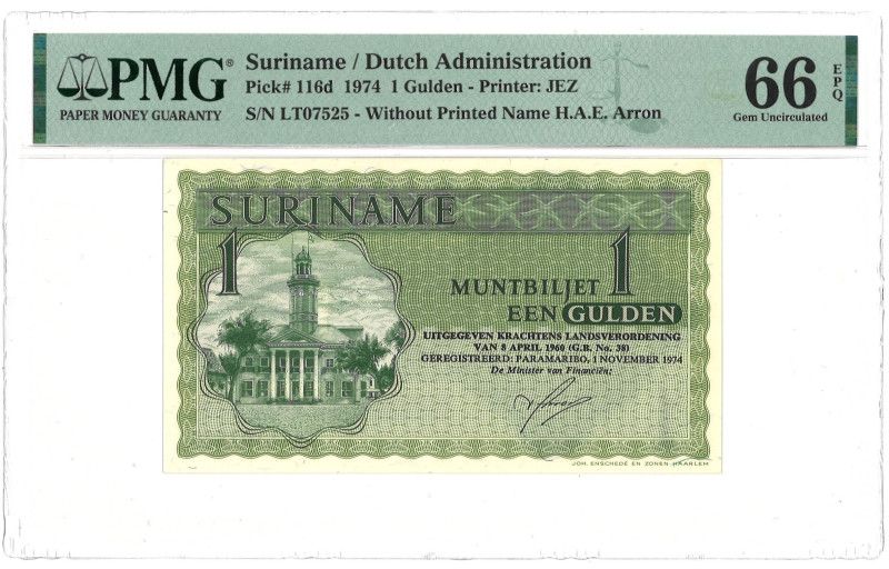 Suriname. 1 Gulden. Banknote. Type 1974. - PMG 66EPQ (AV / Pick / Plomp. Pick# 1...