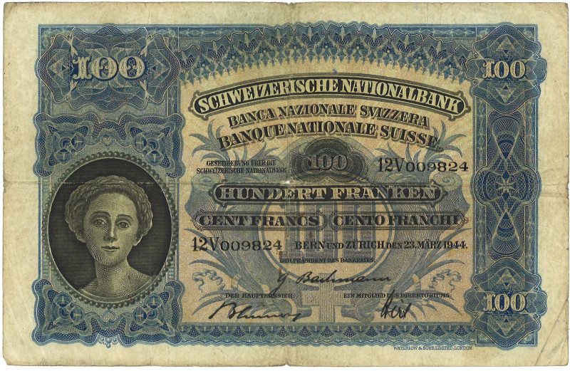 Switserland. 100 Franken. Banknote. Type 1944. - Fine. Centerhole - Fine.