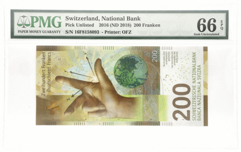 Switserland. 200 Francs. Banknote. Type 2016. - PMG 66EPQ UNC.