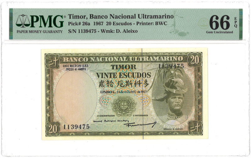 Timor. 20 Escudos. Banknote. Type 1967. - PMG 66EPQ (AV / Pick / Plomp. Pick# 26...