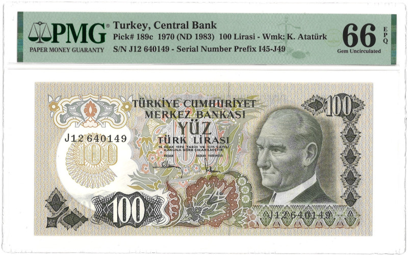 Turkey. 100 Lirasi. Banknote. Type 1970. - PMG 66EPQ (AV / Pick / Plomp. Pick# 1...