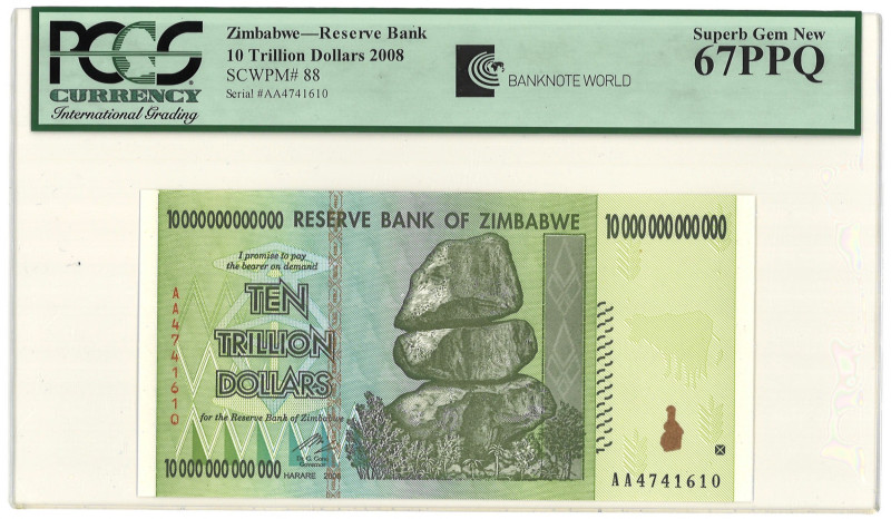 Zimbabwe. 10 Trillion Dollars. Banknote. Type 2008. - PCGS 67 PPQ (AV / Pick / P...