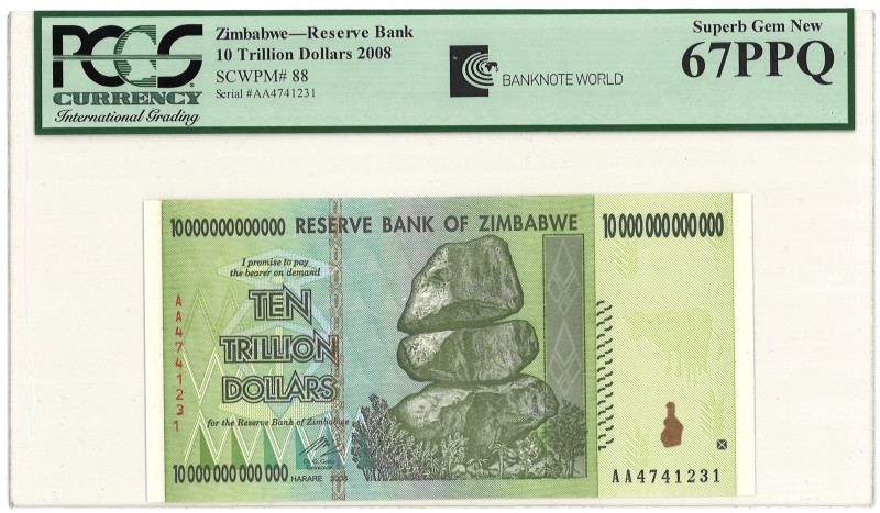 Zimbabwe. 10 Trillion Dollars. Banknote. Type 2008. - PCGS 67PPQ (AV / Pick / Pl...