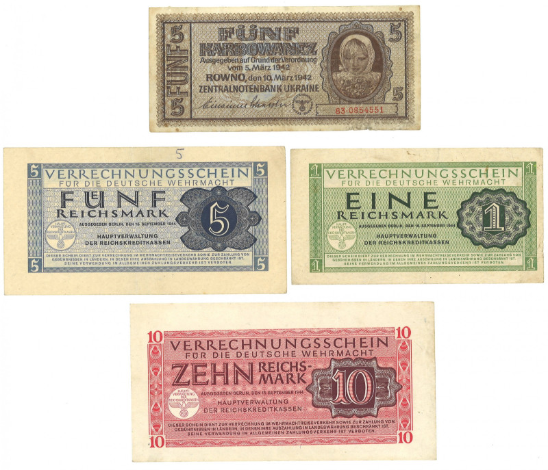 Germany + Ukraine. Lot 4 Banknotes. Banknotes. Type 1942/1944. Type Reichsmark f...