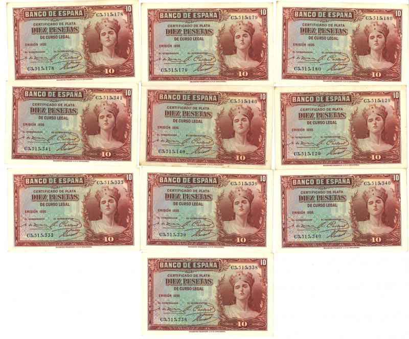 Spain. Lot 10 Banknotes. Banknote. Type 1935. - About UNC. About UNC.