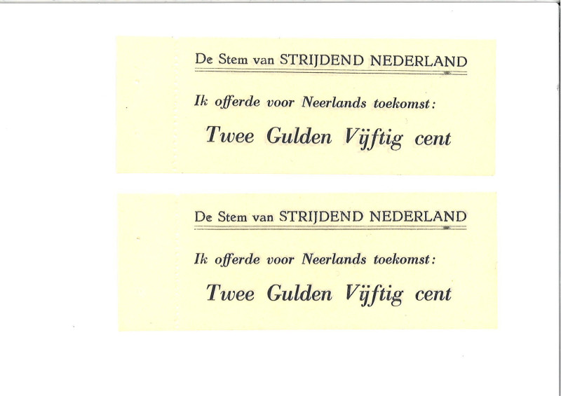 Nederland. Lot 2 Waardebonnen. Waardebon. Type ND. Type De Stem van Strijdend Ne...