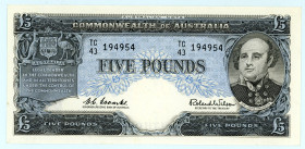 Australia
Commonwealth of Australia
5 Pounds, ND (1960-1965)
S/N TC43 194954
Signature Title - Governor R.B.A.
Watermark: Cook
Pick 35a; R50

About Un...