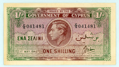 Cyprus - British Administration
Government of Cyprus
1/- Shilling, 1942
S/N C/5 041481
Pick 20

About Uncirculated.

From the ''Yankee'' Collection of...