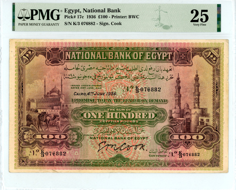 Egypt
National Bank
100 Pounds, 4 June 1936
S/N K/3 076882
Signature Cook
Printe...