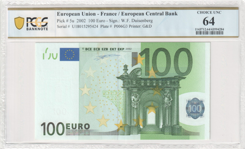 France - European Union
European Central Bank
100 Euro, 2002
S/N U18015295424
Si...