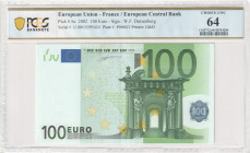 France - European Union
European Central Bank
100 Euro, 2002
S/N U18015295424
Signature W.F. Duisenberg
Printer: G&D, Plate: P006G3
Pick 5u

Graded Ch...