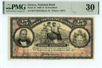 Greece
National Bank (ΕΘΝΙΚΗ ΤΡΑΠΕΖΑ)
25 Drachmai, 2 October 1917 - Issue of 1909-1918
S/N BT774833, Block ωι
Printer: ABNC
Pick 52; Pitidis 51a

Grad...