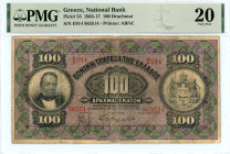 Greece
National Bank (ΕΘΝΙΚΗ ΤΡΑΠΕΖΑ)
100 Drachmai, 20 August 1910 - Issue of 1910-1917
S/N E014 863514
Printer: ABNC
Pick 53; Pitidis 52a

Graded Ver...