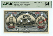 Greece
National Bank (ΕΘΝΙΚΗ ΤΡΑΠΕΖΑ)
Specimen 25 Drachmai, 3 May 1918 - Issue of 1918-1919
Red overprints “NEON”, “SPECIMEN" and eight cancellation h...