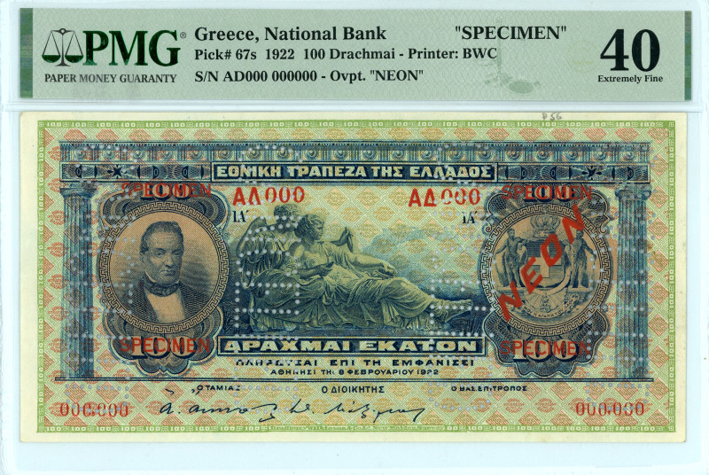 Greece
National Bank (ΕΘΝΙΚΗ ΤΡΑΠΕΖΑ)
Specimen 100 Drachmai, 8 February 1922
Red...