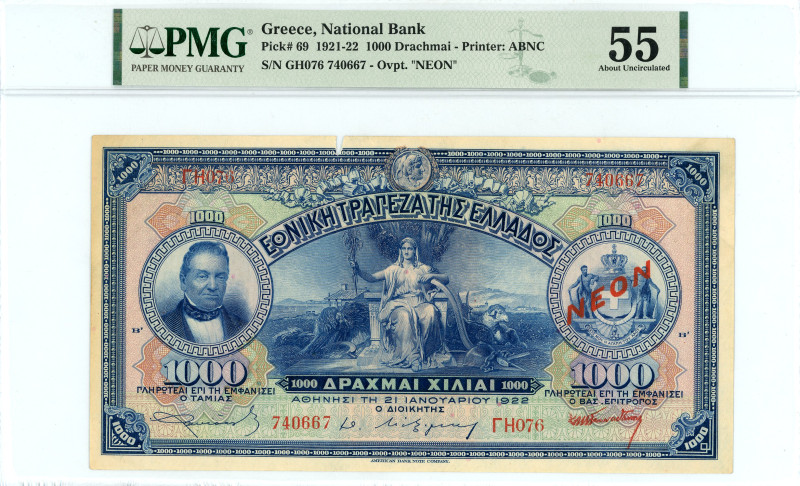 Greece
National Bank (ΕΘΝΙΚΗ ΤΡΑΠΕΖΑ)
1000 Drachmai, 21 January 1922 
Red overpr...