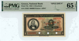Greece
National Bank (ΕΘΝΙΚΗ ΤΡΑΠΕΖΑ)
Specimen 5 Drachmai, 28 April 1923
Red overprint “SPECIMEN” and three perforated holes
S/N ZT021 000000
Printer:...
