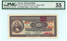 Greece
National Bank (ΕΘΝΙΚΗ ΤΡΑΠΕΖΑ)
50 Drachmai, 6 May 1923 (1926)
Red “NEON 1926” overprint
S/N ΒΔ056 239667
Printer: BWC
Pick 84; Pitidis 80a

Gra...