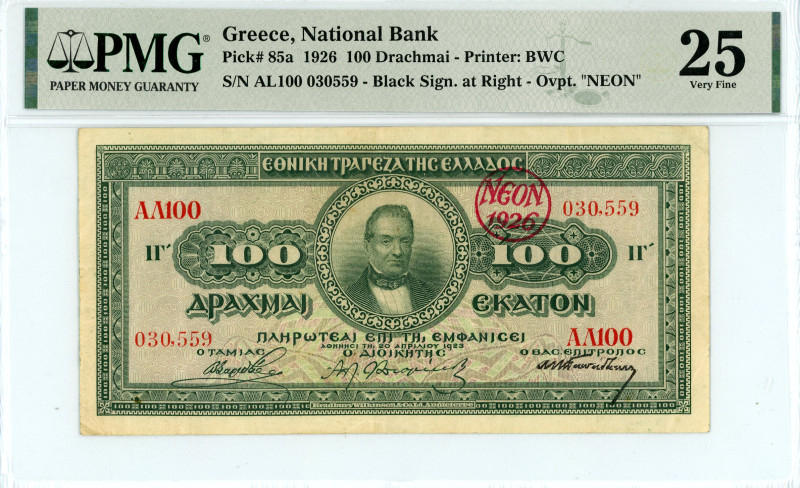 Greece
National Bank (ΕΘΝΙΚΗ ΤΡΑΠΕΖΑ)
100 Drachmai, 20 April 1923 (1926)
Red “NE...