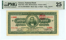 Greece
National Bank (ΕΘΝΙΚΗ ΤΡΑΠΕΖΑ)
100 Drachmai, 20 April 1923 (1926)
Red “NEON 1926” overprint and black signature Papadakis
S/N AΛ100 030559
Prin...