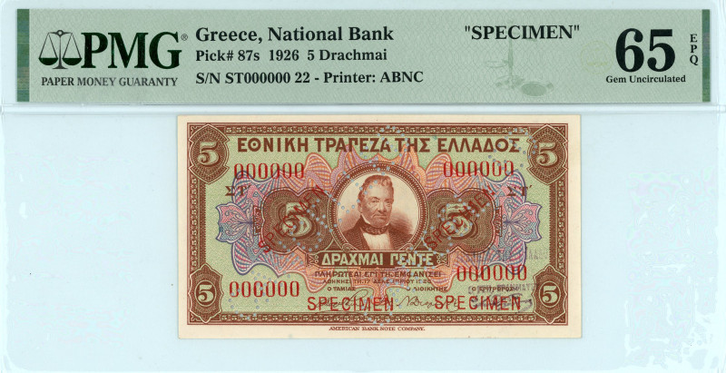 Greece
National Bank (ΕΘΝΙΚΗ ΤΡΑΠΕΖΑ)
Specimen 5 Drachmai, 17 December 1926 - Is...