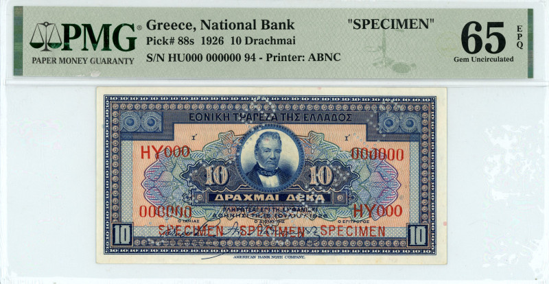 Greece
National Bank (ΕΘΝΙΚΗ ΤΡΑΠΕΖΑ)
Specimen 10 Drachmai, 15 July 1926
Red ove...