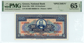 Greece
National Bank (ΕΘΝΙΚΗ ΤΡΑΠΕΖΑ)
Specimen 10 Drachmai, 15 July 1926
Red overprint “SPECIMEN” and perforated two times diagonally “CANCELLED”
S/N ...
