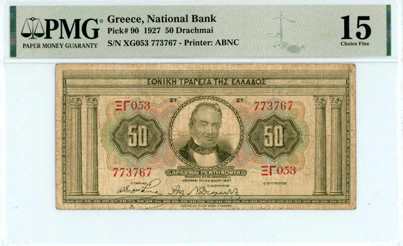 Greece
National Bank (ΕΘΝΙΚΗ ΤΡΑΠΕΖΑ)
50 Drachmai, 24 May 1927
S/N ΞΓ053 773767 ...