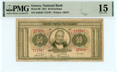 Greece
National Bank (ΕΘΝΙΚΗ ΤΡΑΠΕΖΑ)
50 Drachmai, 24 May 1927
S/N ΞΓ053 773767 - Without red bar and overprint
Printer: ABNC
Pick 90; Pitidis 86

Gra...