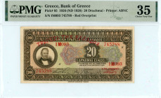 Greece
Bank of Greece (ΤΡΑΠΕΖΑ ΤΗΣ ΕΛΛΑΔΟΣ)
20 Drachmai, 19 October 1926 (ND 1928)
Red overprint “ΤΡΑΠΕΖΑ ΤΗΣ ΕΛΛΑΔΟΣ”
S/N IM093 745788
Printer: ABNC
...