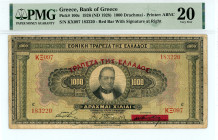 Greece
Bank of Greece (ΤΡΑΠΕΖΑ ΤΗΣ ΕΛΛΑΔΟΣ)
1000 Drachmai, 15 October 1926
Red bar with signature at right
S/N KΞ097 183220
Signature Papadakis
Printe...
