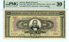 Greece
National Bank (ΕΘΝΙΚΗ ΤΡΑΠΕΖΑ)
1000 Drachmai, 4 November 1926 
Issued note, without the regular overprint (error)
S/N ΛΗ027 671570 
Printer: AB...