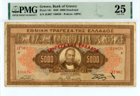 Greece
Bank of Greece (ΤΡΑΠΕΖΑ ΤΗΣ ΕΛΛΑΔΟΣ)
5000 Drachmai, 5 October 1926
Red overprint “ΤΡΑΠΕΖΑ ΤΗΣ ΕΛΛΑΔΟΣ”
S/N ΙΓ087 138628
Printer: ABNC
Pick 101;...