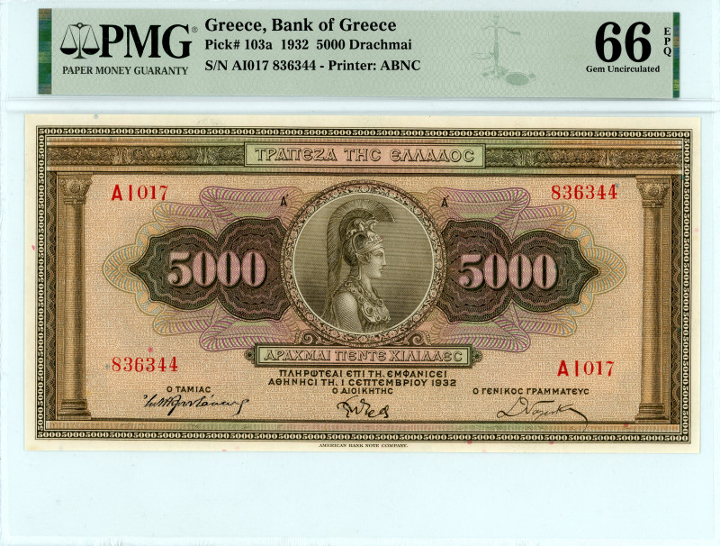Greece
Bank of Greece (ΤΡΑΠΕΖΑ ΤΗΣ ΕΛΛΑΔΟΣ)
5000 Drachmai, 1 September 1932
S/N ...