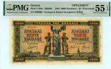 Greece
German & Italian Occupation WWII
Specimen 5000 Drachmai, 20 June 1942
Two perforated “AΚΥΡΟΝ”
S/N 000000 - With watermark
Pick 119bs; Pitidis 1...