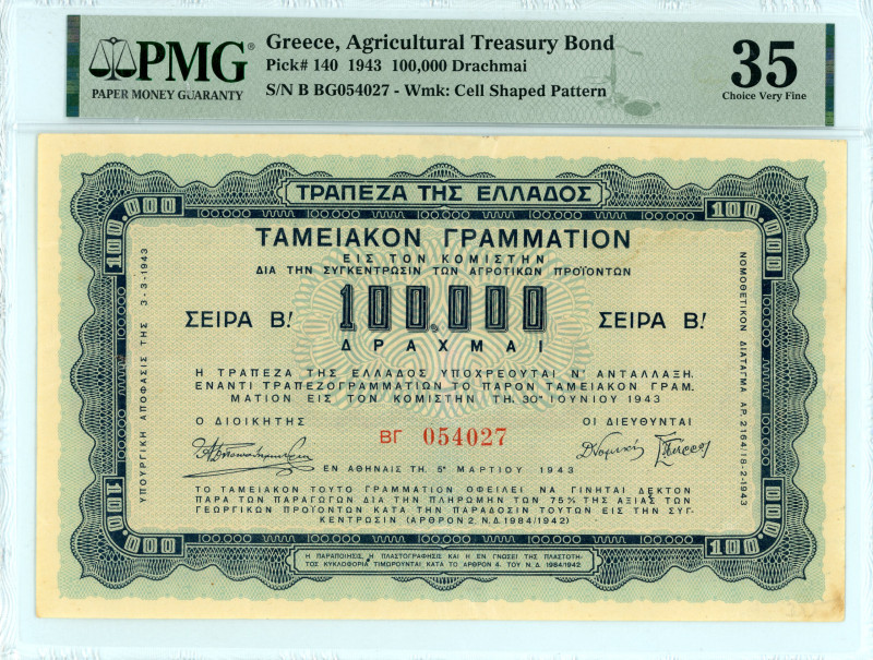 Greece
Agricultural Treasury Bond
100.000 Drachmai, 5 March 1943
S/N ΒΓ 054027, ...