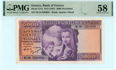 Greece
Bank of Greece (ΤΡΑΠΕΖΑ ΤΗΣ ΕΛΛΑΔΟΣ)
5000 Drachmai, ND (1947)
S/N M.18-320608
Watermark: Apollo’s Head
Pick 177a; Pitidis 159

Graded Choice Ab...
