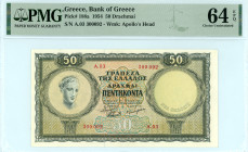 Greece
Bank of Greece (ΤΡΑΠΕΖΑ ΤΗΣ ΕΛΛΑΔΟΣ)
50 Drachmai, 15 January 1954 - New Issue
S/N A.03 300092
Watermark: Apollo’s Head
Pick 188; Pitidis 172

G...