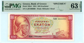 Greece
Bank of Greece (ΤΡΑΠΕΖΑ ΤΗΣ ΕΛΛΑΔΟΣ)
Specimen 100 Drachmai, 31 March 1954
Diagonally perforated “CANCELLED"
S/N A.09 000000
Watermark: Miltiade...