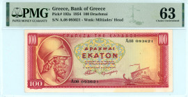 Greece
Bank of Greece (ΤΡΑΠΕΖΑ ΤΗΣ ΕΛΛΑΔΟΣ)
100 Drachmai, 31 March 1954
S/N A.08 093621
Watermark: Miltiades’ Head
Pick 192a; Pitidis 174

Graded Choi...